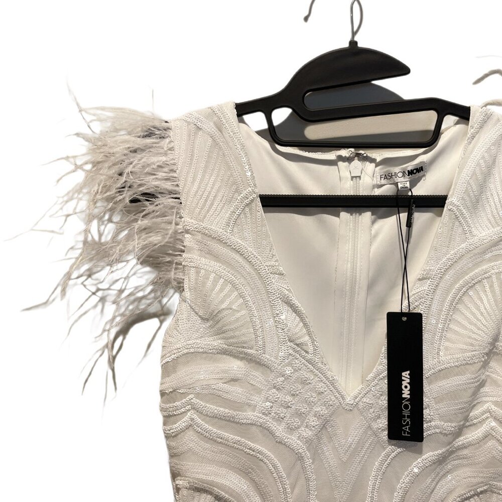 Fashion Nova White Feather-Trim Beaded Prom Dress